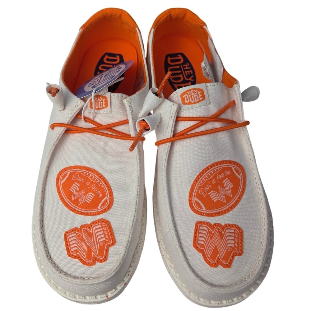 Hey Dude Wendy Whataburger Shoes Women 7 White Orange Slip On Canvas Loafers NEW - Picture 2 of 13